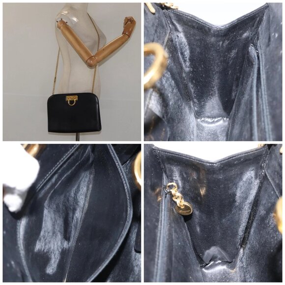 Salvatore Ferragamo Gancini Chain Shoulder Bag Leather Black Gold - Picture 16 of 16